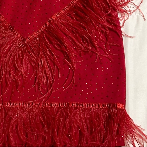 Miss Circle Red Mini Dress XL Crystals Feathers Stretch Holiday Party Dress - Picture 6 of 13